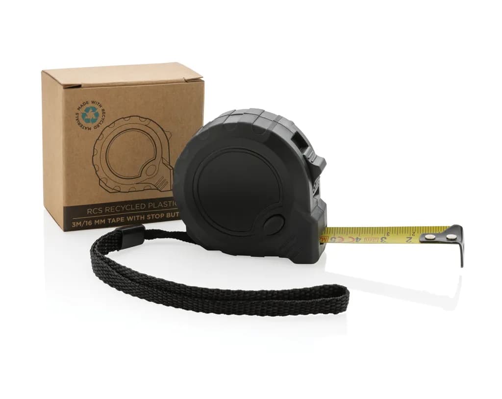 3m/16mm Maßband mit Stop-Taste aus RCS recycelt. Kunststoff - schwarz