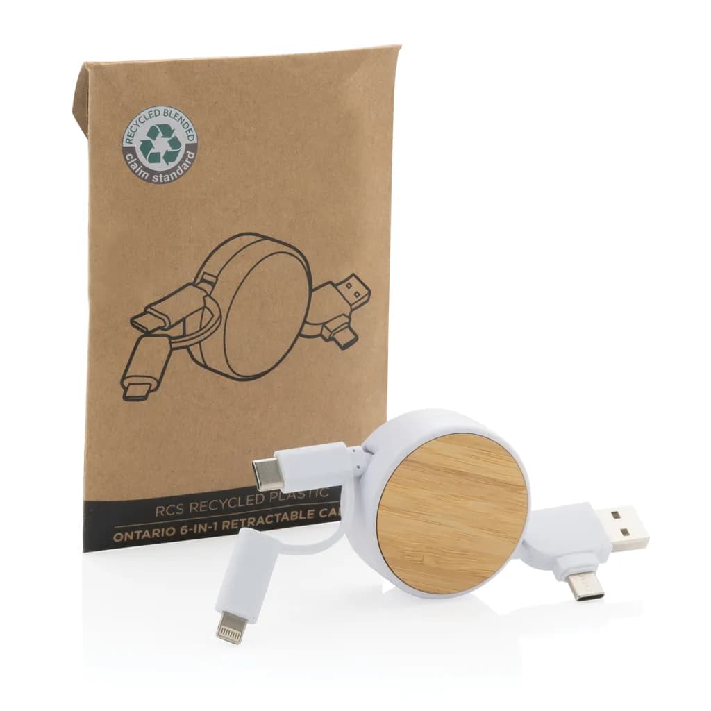 Ontario ausziehb. 6-in-1 Kabel aus RCS recyceltem Kunststoff - weiß