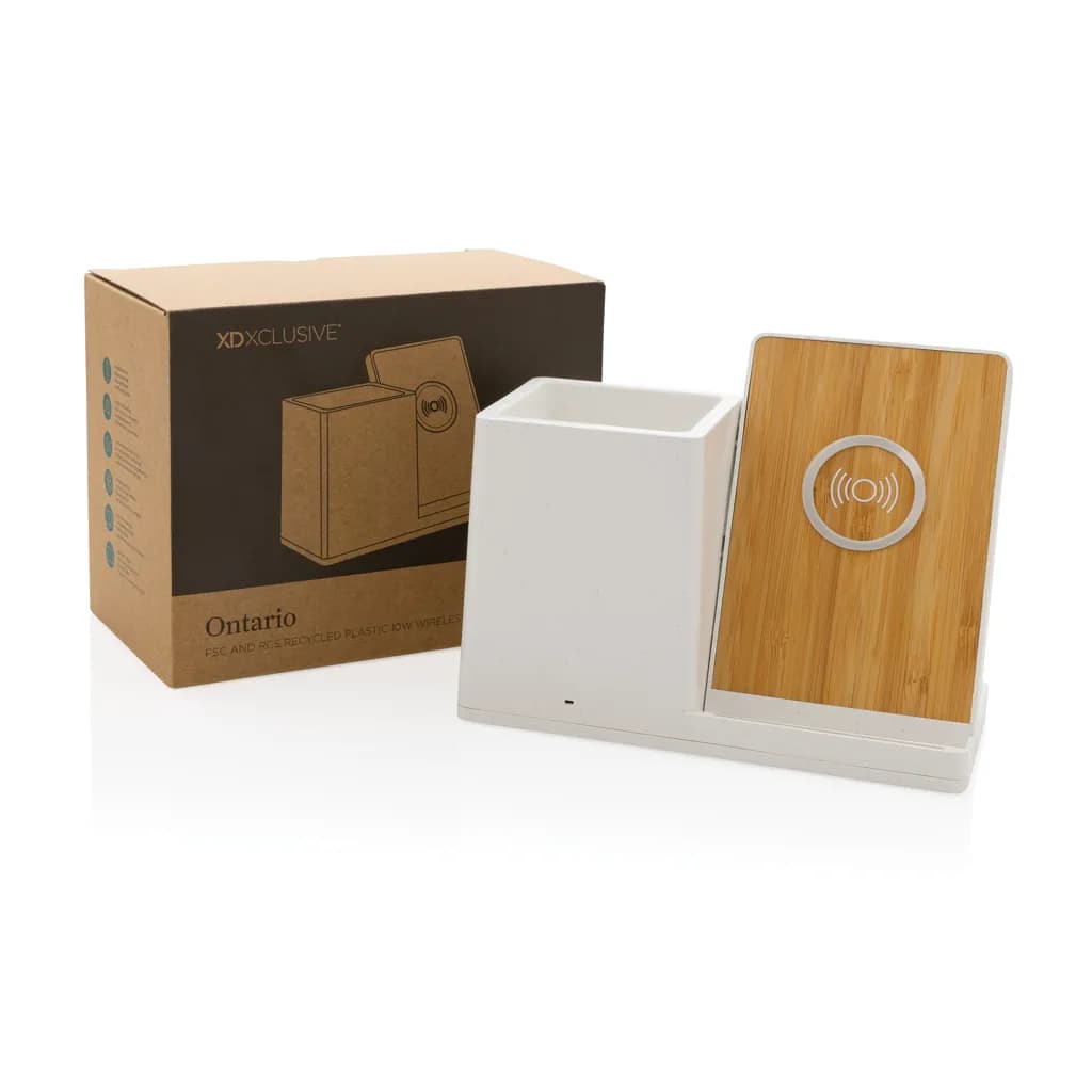 Ontario 10W Wireless Charger aus Bambus und RCS Kunststoff - weiß