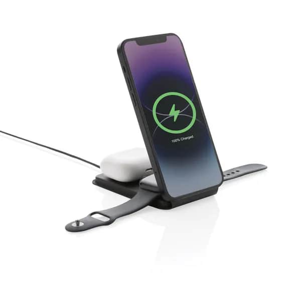 Swiss Peak 15W 3-in-1 magnetischer Wireles Charger aus rPU - schwarz