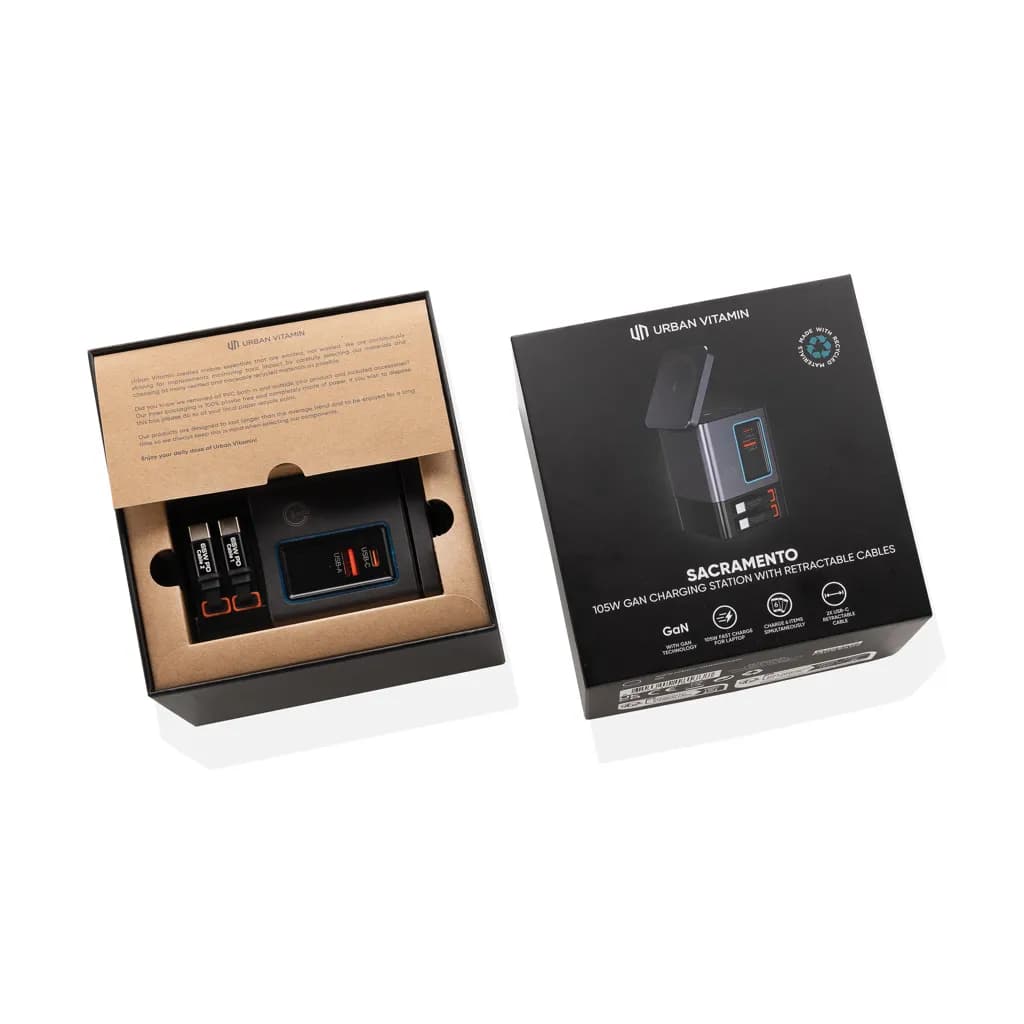 Urban Vitamin Sacramento 105W GaN Charger mit einz. Kabeln - grau