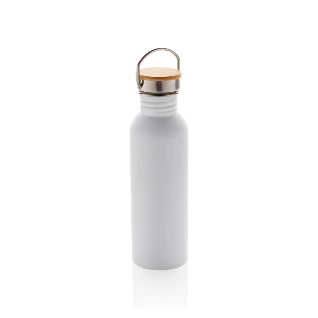 Moderne Stainless-Steel Flasche mit Bambusdeckel - weiß