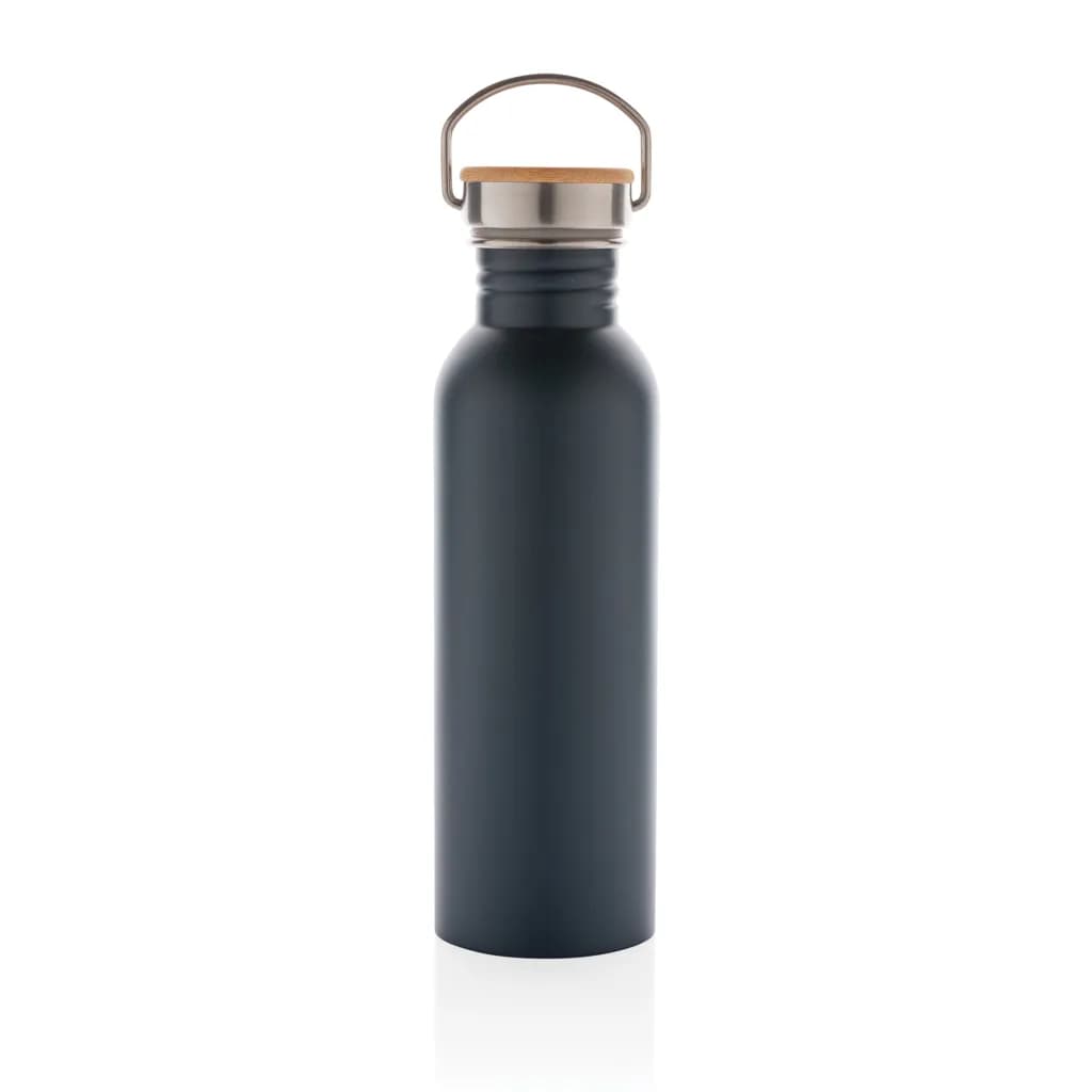 Moderne Stainless-Steel Flasche mit Bambusdeckel - blau