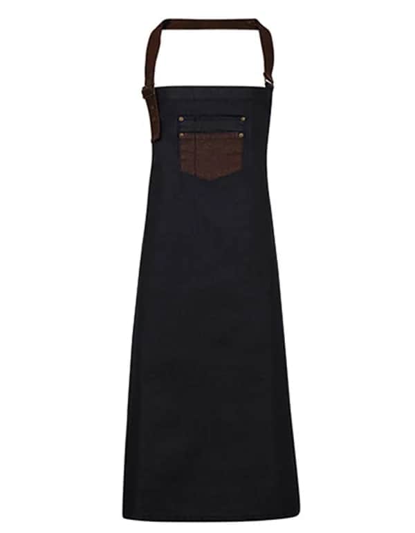 Division Waxed Look Denim Bib Apron With Faux Leather - Indigo (ca. Pantone 2380C)/Brown Denim (ca. Pantone 4705C)