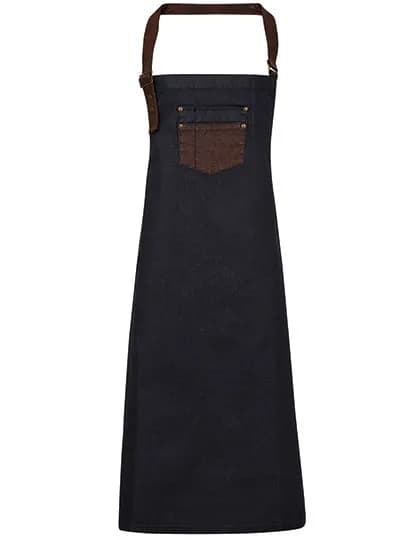 Division Waxed Look Denim Bib Apron With Faux Leather - Indigo Denim (ca. Pantone 2767C)