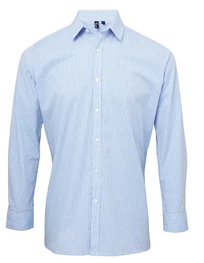 Men´s Microcheck (Gingham) Long Sleeve Cotton Shirt - Light Blue (ca. Pantone 7451C)/White