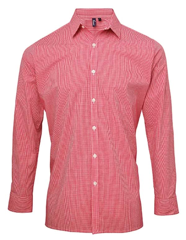 Men´s Microcheck (Gingham) Long Sleeve Cotton Shirt - Red (ca. Pantone 200C)/White