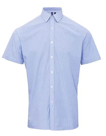 Men´s Microcheck (Gingham) Short Sleeve Cotton Shirt - Light Blue (ca. Pantone 2717C)/White