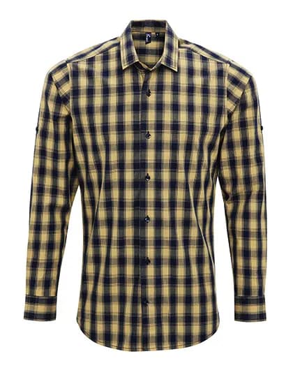 Men´s Mulligan Check Cotton Long Sleeve Shirt - Camel (ca. Pantone 132C)/Navy (ca. Pantone 2378C)