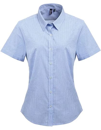 Women´s Microcheck (Gingham) Short Sleeve Cotton Shirt - Light Blue (ca. Pantone 2717C)/White