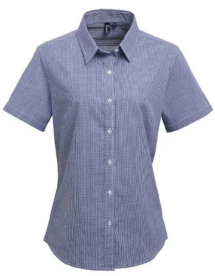 Women´s Microcheck (Gingham) Short Sleeve Cotton Shirt - Navy (ca. Pantone 2378C)/White