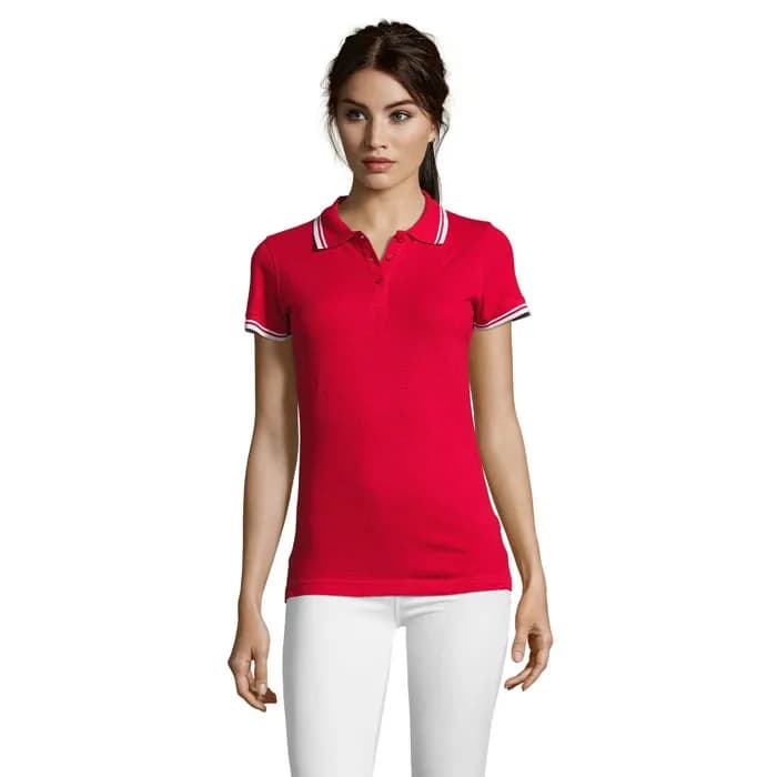 PASADENA Damen Polo 200g - PASADENA WOMEN - Rot / Weiß