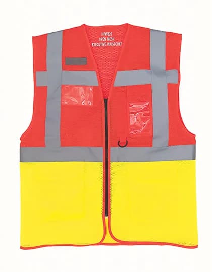 Hi-Vis Top Cool Recycled Open Mesh Executive Waistcoat - Red/Hi-Vis Yellow